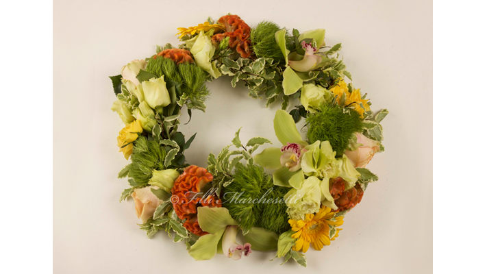 coroncina fiori toni verde e arancio